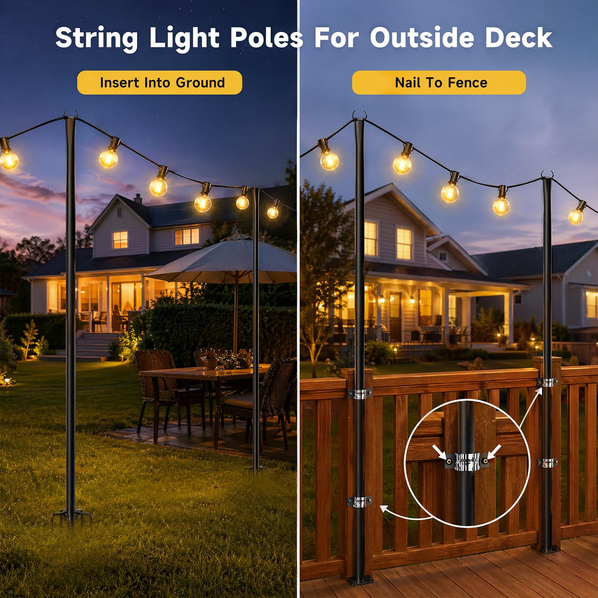 MuliVid 6 Pack 9FT String Light Poles for Outdoor,Metal Lights Hanging Pole Outside with Fork,Light Stand for Patio, Pergola, Garden, Backyard, Yard, Camping Party