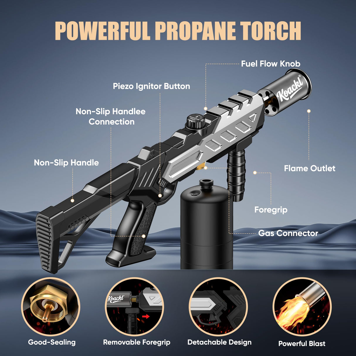 KOACKL Powerful Propane Torch, Blow Torch with Adjustable Flame, Flamethrower Kitchen Torch Burner Gas Welding Kits for Grill, BBQ, Searing Steak, Camping & Charcoal Torch Lighter(Tank Not Included)