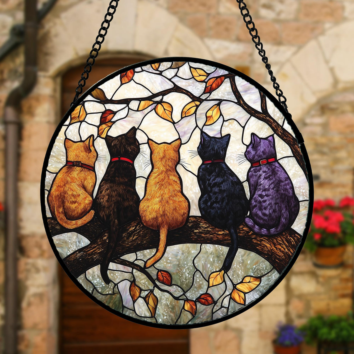DASTOLL Stained Glass Window Hanging - 5 Cats on a Branch Suncatcher for Window Doors Home Decoration and Christmas, Mother's Day Father's Day Birthday Gifts for Women, Men, and Mom 6.3x6.3 in