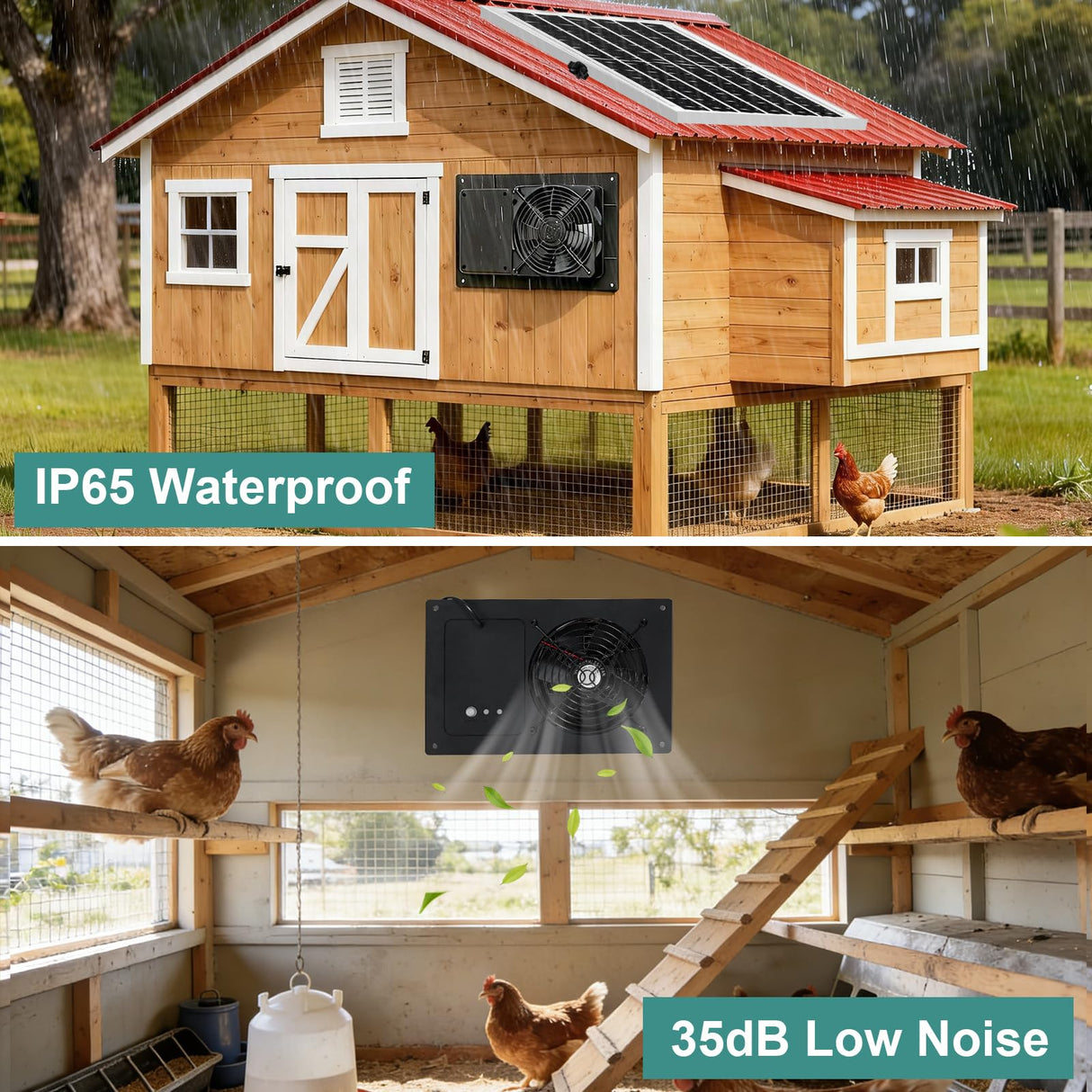 Solar Powered Fan with Battery Run Day/Night, 15W Solar Fan for Chicken Coop with 16.4Ft Cable,3/6H Timer, Waterproof Greenhouse Fans for Shed, Chicken Coop,Ventilation