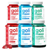 Goli Zero Sugar 6 Pack Bundle - World's First 3-in-1 Pre, Post, Probiotic, Apple Cider Vinegar with Vitamin B12 and Probiotics to Address Bloating, Ashwagandha & L-Theanine, Vitamin D Gummies
