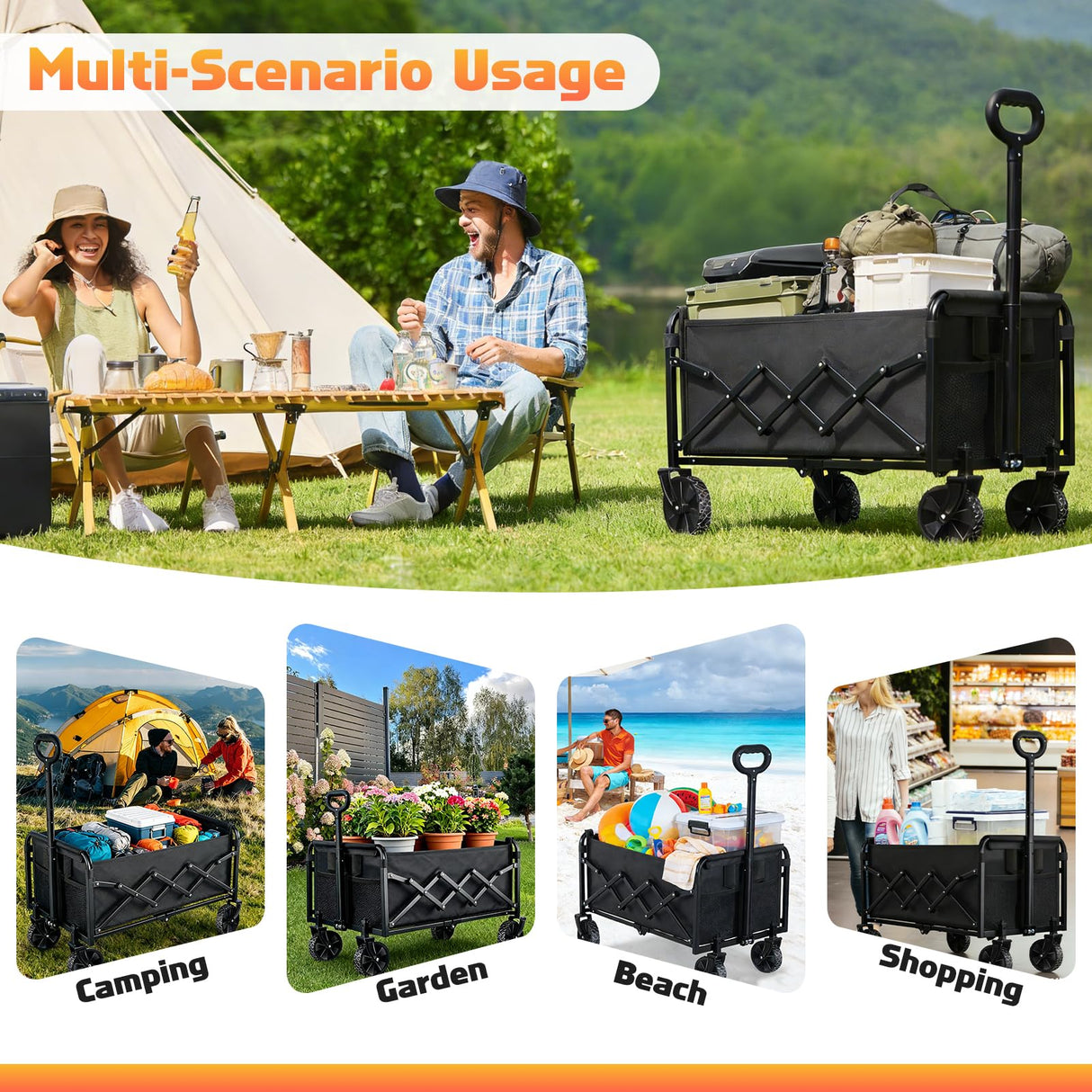 220LBS Small Collapsible Foldable Wagon Carts Portable with 2 Drink Holders