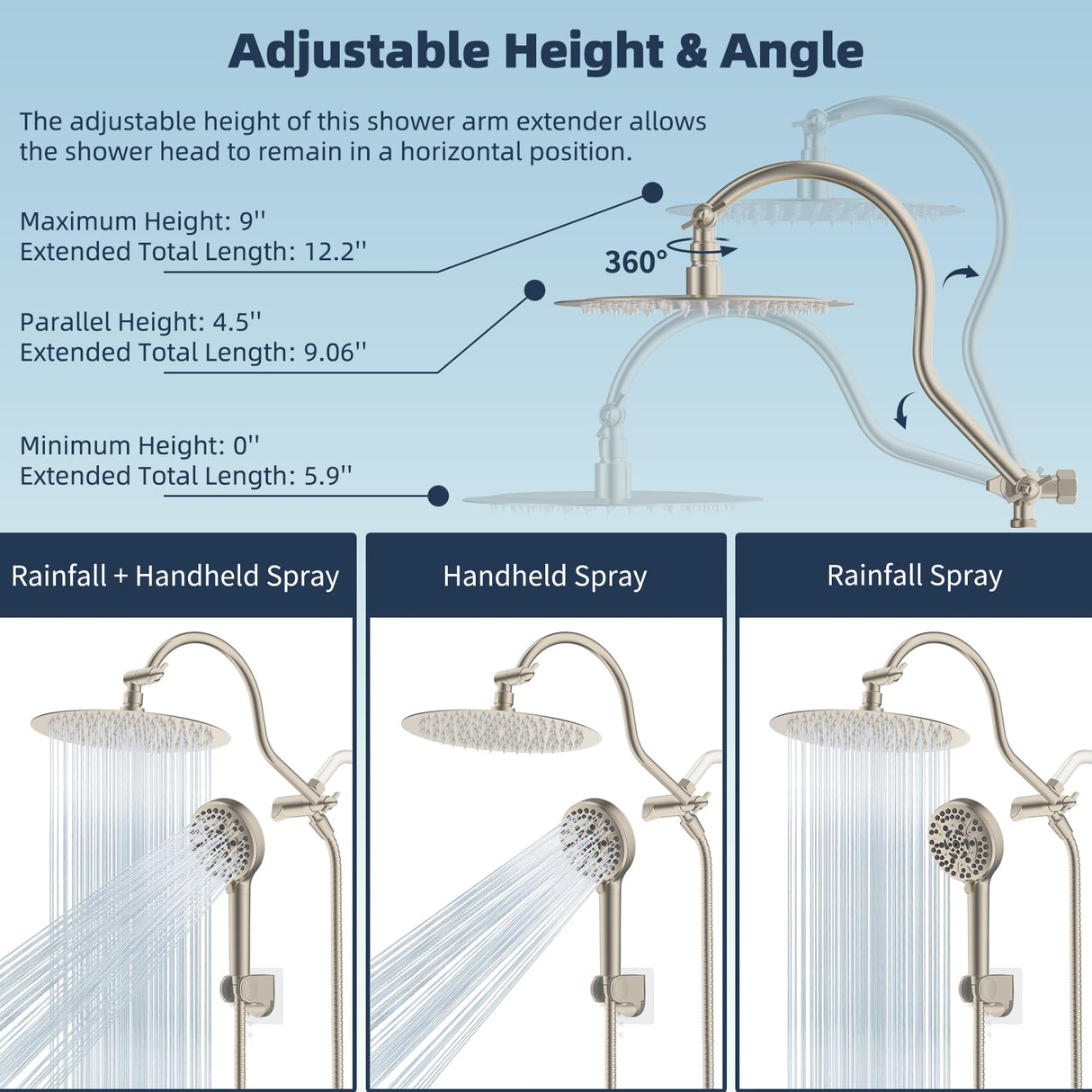 Hibbent All Metal CUPC Certified Shower Head, 10'' High Pressure Rainfall Shower Head, Handheld Showerhead Combo with 12'' Adjustable Extension Arm, 10-Spray, 71'' Hose, Shower Holder, Brushed Nickel