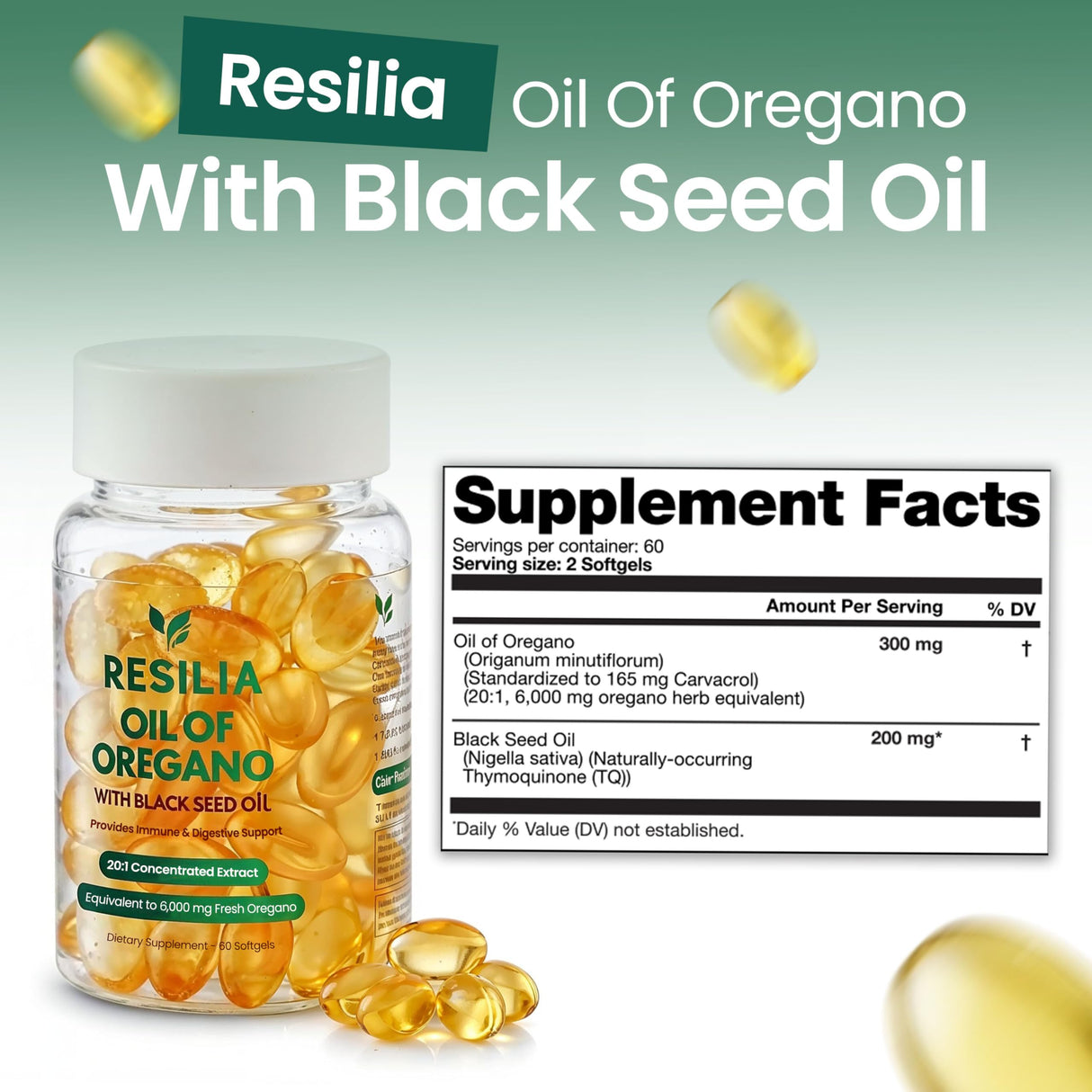 Resilia Black Seed Oil 6000mg Softgels – Organic Oil of Oregano Capsules for Immune & Digestive Support – Non-GMO, Gluten-Free – New Bottle Packaging (60 Count)