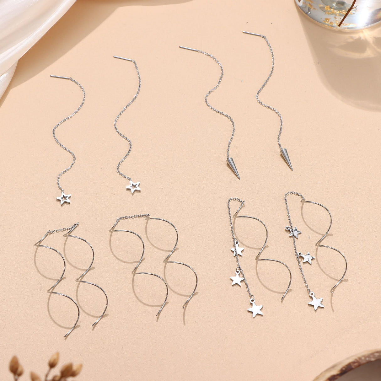 HAIAISO 8 Pairs Threader Dangle Earrings for Women 316L Stainless Steel Chain Tassel Earrings Lightweight Double Twist Wave Threader Drop Earrings Long Chain Earrings Set