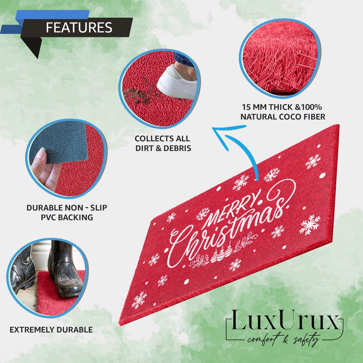 LuxUrux Premium Christmas Door Mat Outdoor - Elegant Coir Holiday Door Mat, Absorbent and Non-Slip for Outdoor Entrances Front Door (17'' x 30'' Merry Christmas.)