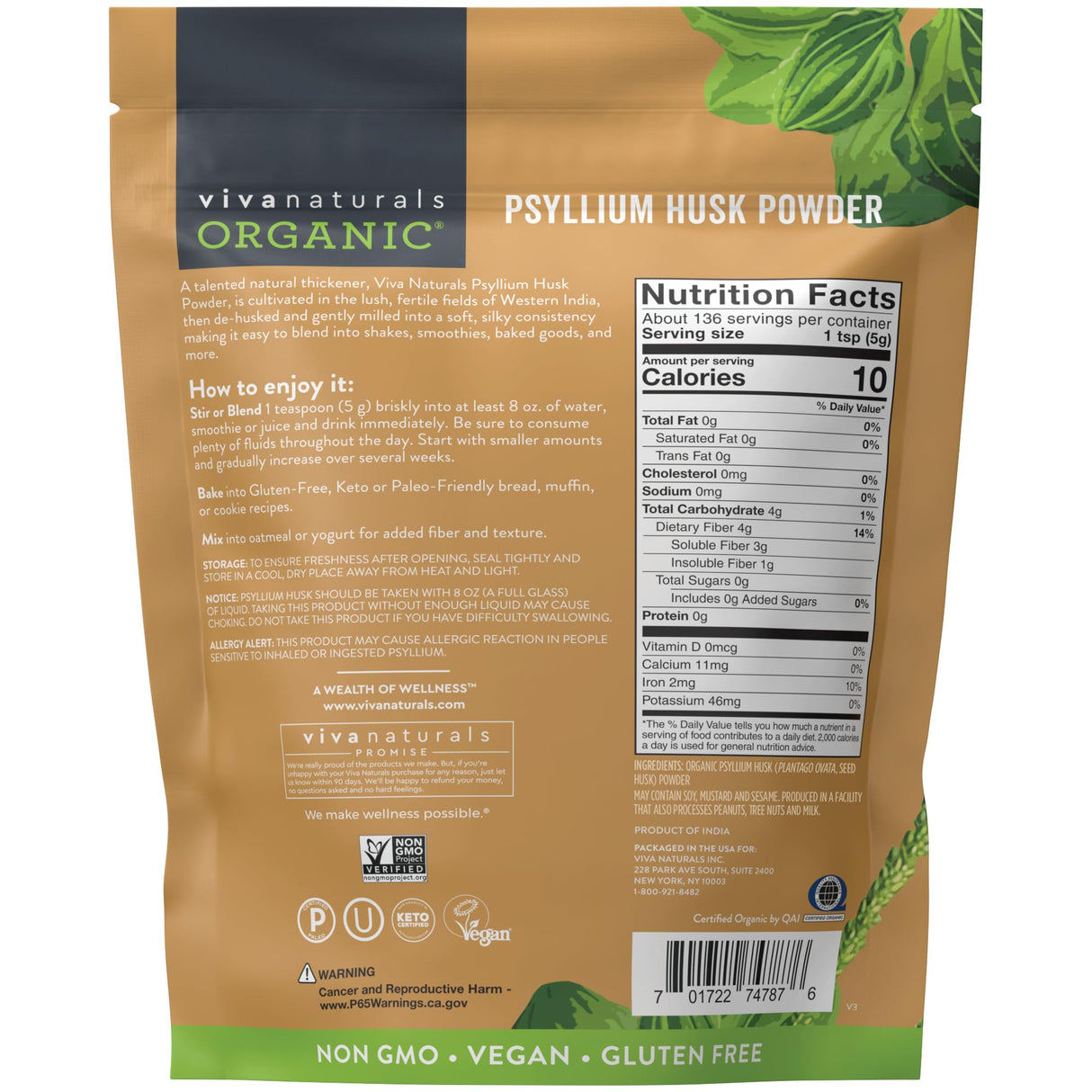Viva Naturals Organic Psyllium Husk Powder, 24 oz - Finely Ground, Unflavored Plant Based Superfood - Good Source of Fiber for Gluten-Free Baking, Juices & Smoothies - Certified Vegan, Keto and Paleo