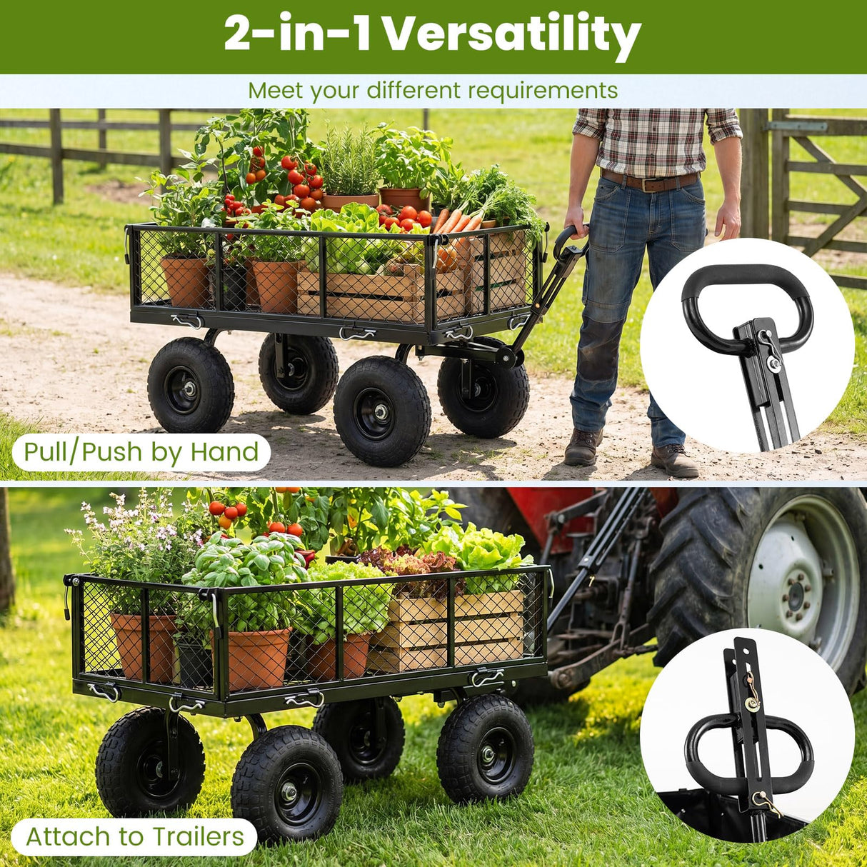 Goplus 880lbs Heavy Duty Garden Cart, Metal Utility Wagon Cart with Removable Oxford Cloth Liner & Mesh Sides, 10" Pneumatic Tires, 180° Rotating Handle for Yard, Lawn