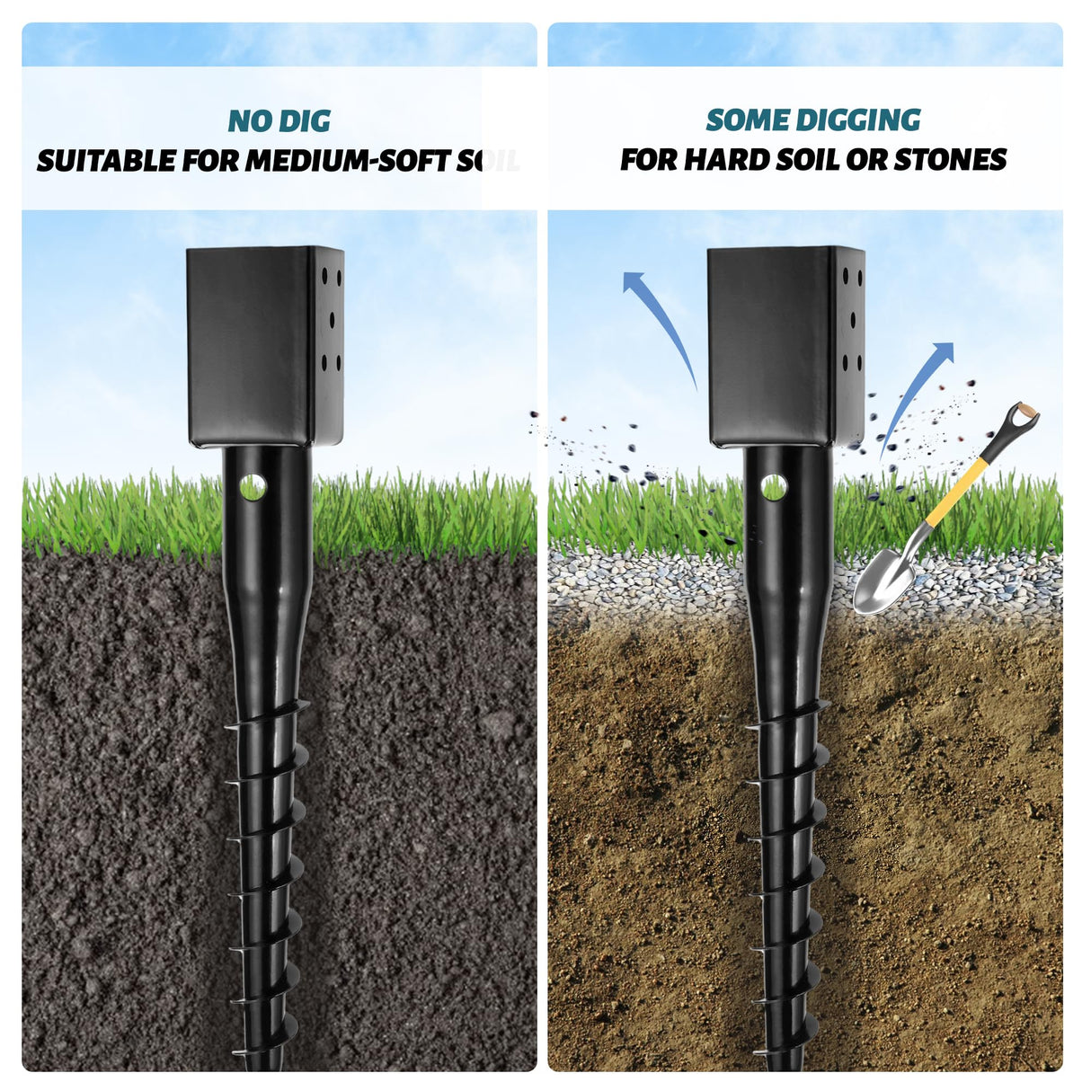 XYADX No Dig Ground Screw Anchor - Black Post Stake for 4x4 Wood Posts, Includes Lag Bolts & 27" Rebar, for Mailbox Posts and Fence Posts Anchor, 1 Pack
