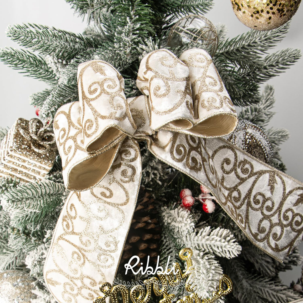 Ribbli Ivory Velvet Ribbon Wired with Glitter Swirl 4 Inch Christmas Ribbon for Christmas Tree Decoration Big Bow Gift Wrapping Crafts Wreaths Supplies - 10 Yards