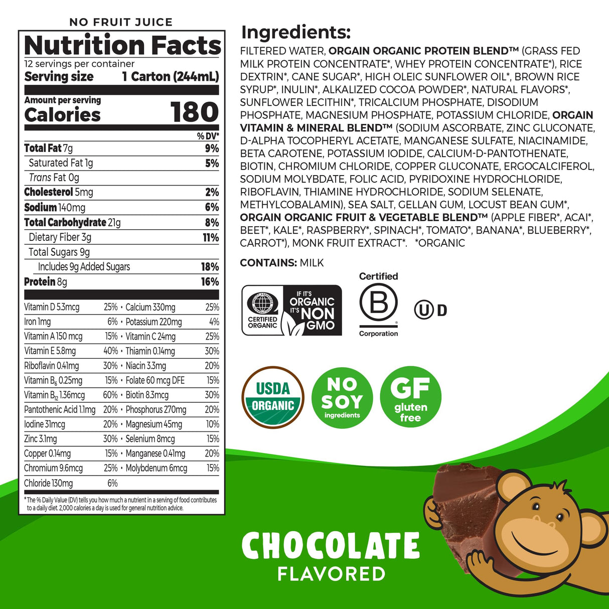 Orgain Organic Kids Protein Nutritional Shake, Chocolate - 8g of Protein, 22 Vitamins & Minerals, Fruits & Vegetables, Gluten Free, Soy Free, Non-GMO, 8.25 Fl Oz (Pack of 12)