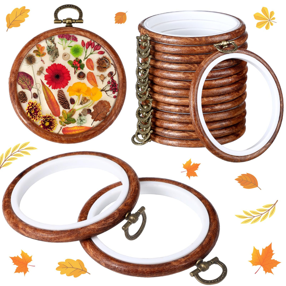 Burbell 15 Pcs 3 Inch Round Embroidery Hoops Frame Circle Rubber Hoops Ring Display Cross Stitch Ornament Imitated Wood Frame Kits for Christmas Halloween Craft Sewing DIY Hanging Gifts