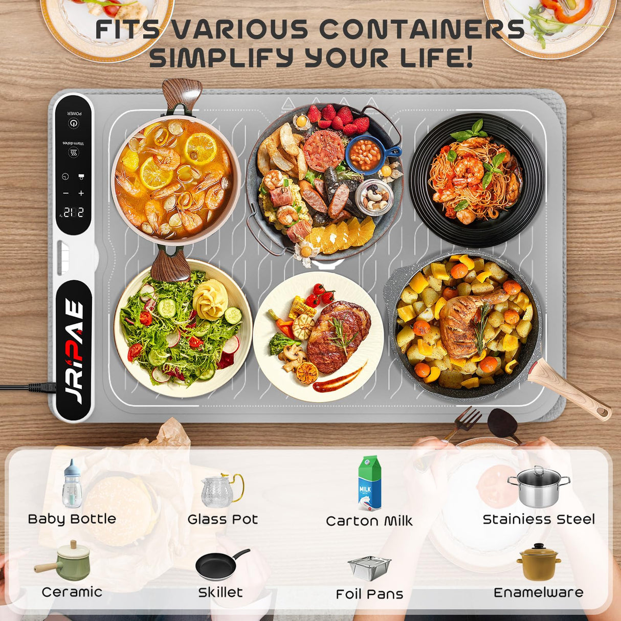 Jripae Warming Mat for Food, Fast Heating Silicone Electric Warming Tray with Heat Resistant Pad Protects Table,7 Level Temp, 8H Timer, Portable & Rollable Food Warmers for Parties Buffet, Daily Use