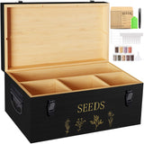 Yocookus Bamboo Seed Storage Organizer, Large Garden Seed Organizer with Lid & Safety Lock & Handles, Seed Box Includes Seed Envelopes and Labels etc, Great Gifts Gardening Kit (Black)