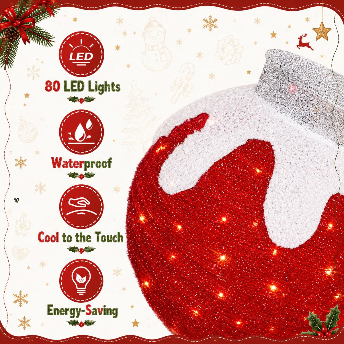 Tngan 2 Pcs Outdoor Christmas Ornaments, Lighted Pop-Up Holiday Ball Decoration with 160 LED Lights, 8 Light Functions, Lighted Collapsible Christmas Outdoor Decorations for Yard, Patio, Home