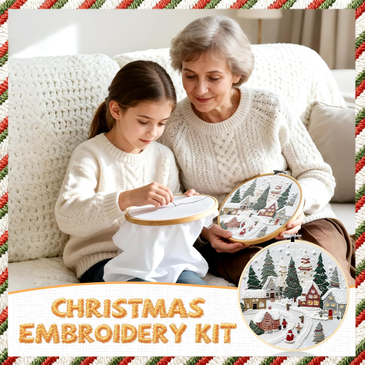Christmas Embroidery Kit for Adults & Beginners - Gnomes & Cross Stitch Patterns, Cotton, Threads, Needles & Instructions (4 Pcs)