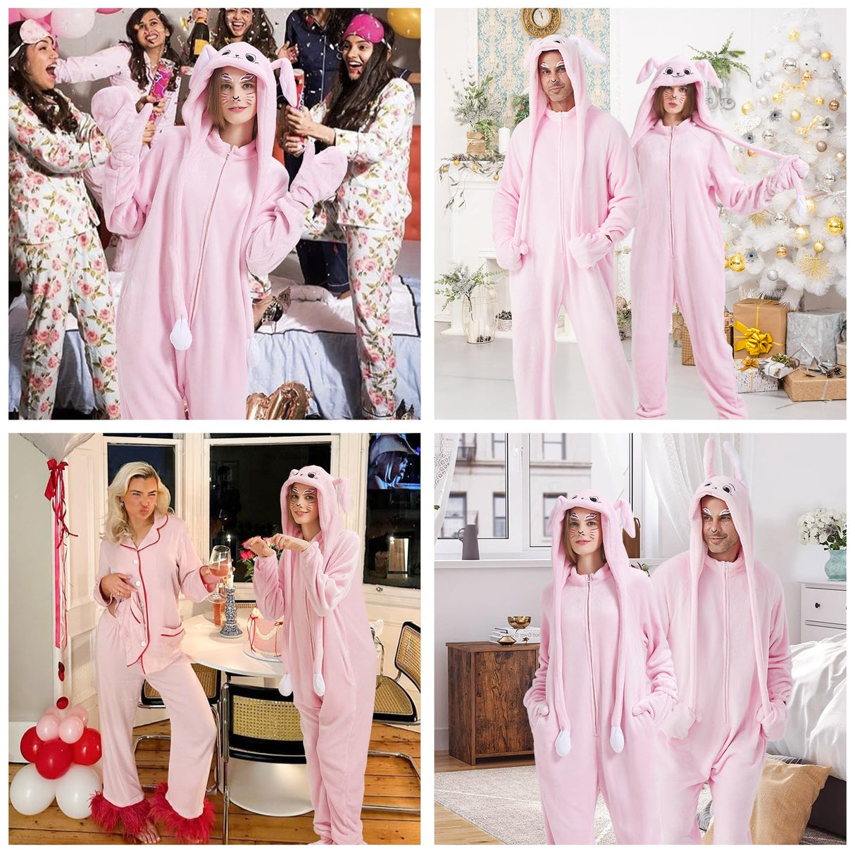 Ezuwail Adult Bunny Onesie Animal Pajamas for Women, Christmas Halloween Onesie Adult Pink Bunny Costume for Sleepwear, Homewear, M