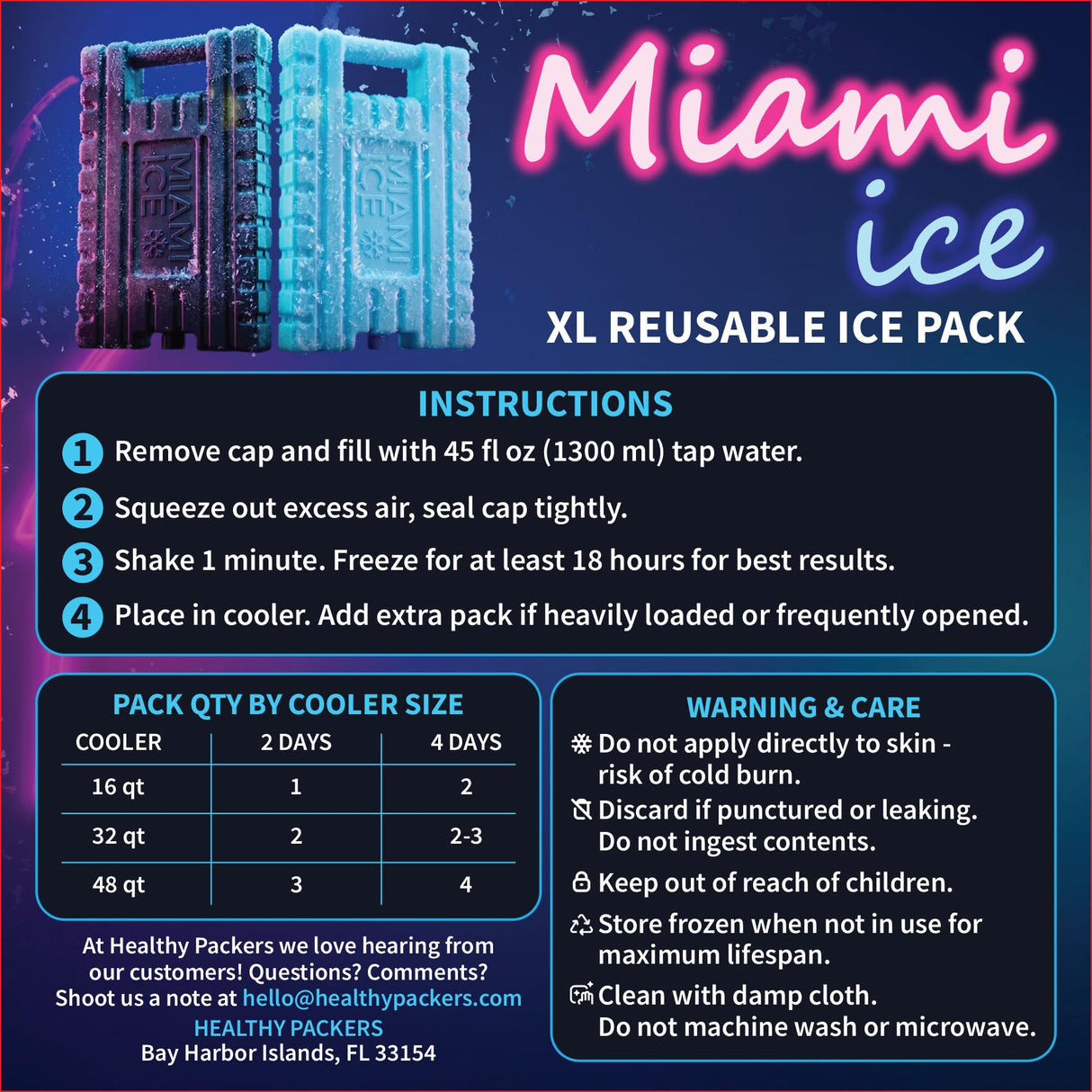 Miami Ice XL Reusable Ice Packs for Cooler (12"x9") - Replaces 14 lbs of Ice, Stays Cold up to 96 Hours, BPA-Free, Built-in Handle, Large Frozen Cooler Ice Packs - 2 Pack