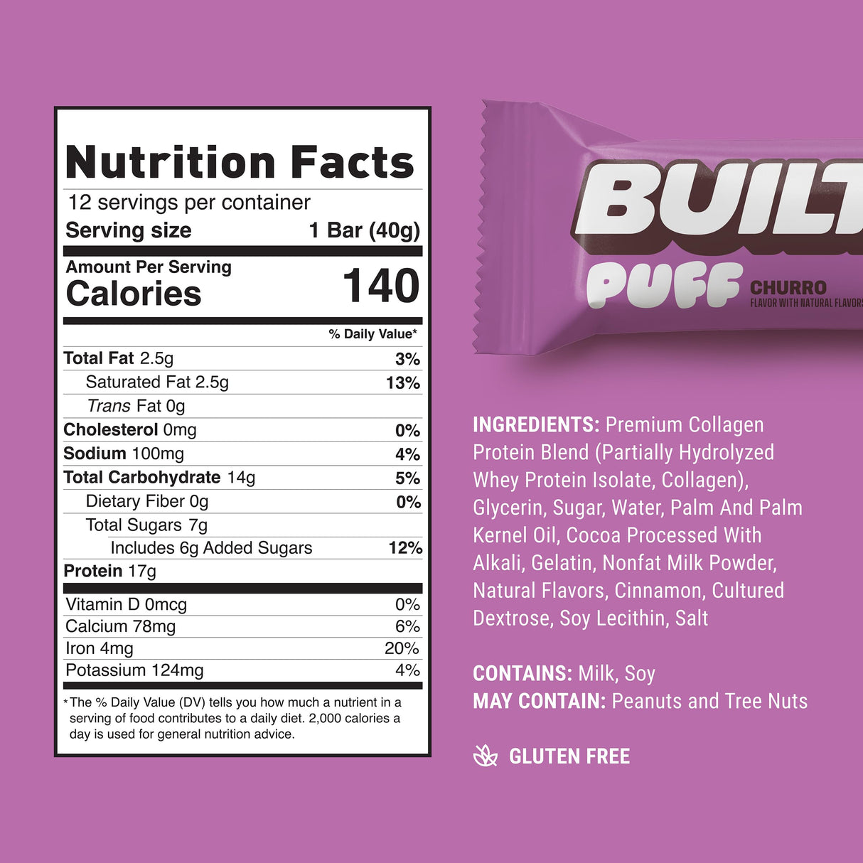 Built Bar, Puff Protein Bars, Churro Puff, 17g Protein Snacks, On-The-Go Bars, Only 140 Calories & 6g Sugar, Collagen, Gluten Free, 12 Count