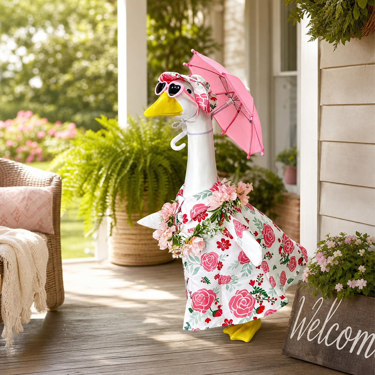 Summer 23" Pink Floral Porch Goose Set w/ Hat, Umbrella & Heart Sunglasses