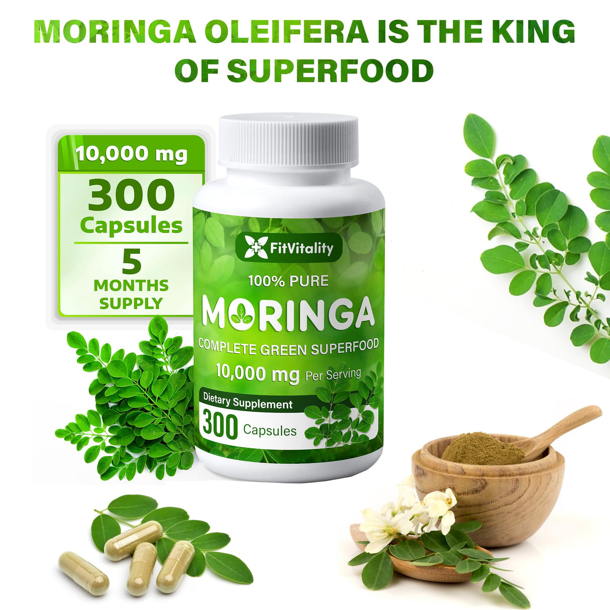 Moringa Capsules| 300 Capsules| Moringa Oleifera| 10,000mg| 100% Pure & Natural| Non-GMO and Gluten Free Supplement | Complete Green Superfood | Moringa Leaf Extract Powder