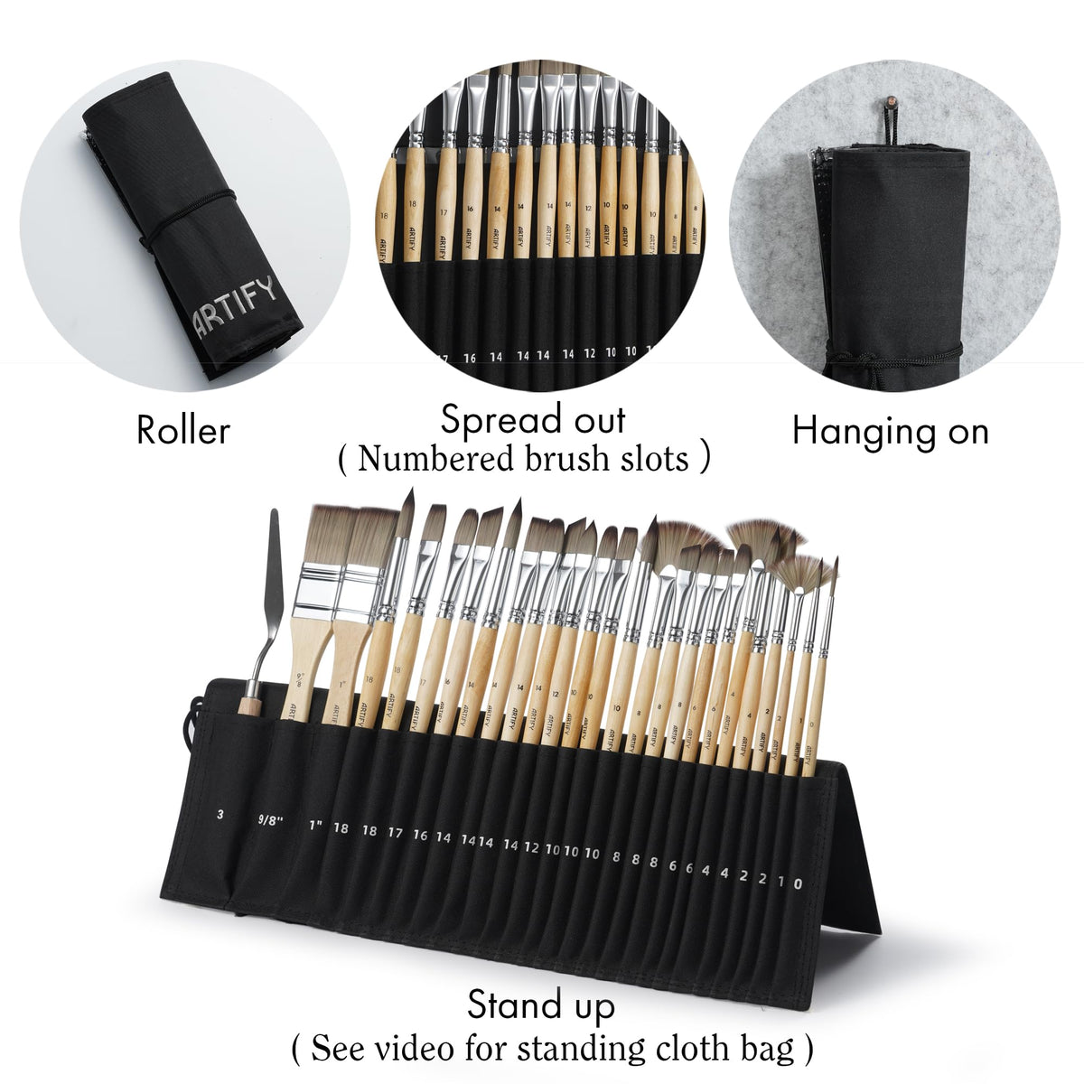 ARTIFY 25 Pieces Professional Paint Brush Set – Expert Series Synthetic Nylon Brushes for Acrylic, Oil, Watercolor, Gouache – No Shedding, Canvas Roll Case & Palette Knife, Artist Gifts Art Supplies