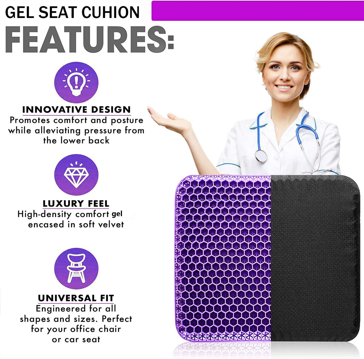 Gel Seat Cushion - Enhanced Double Thick Egg Seat Cushion with Non-Slip Cover - Office Chair Car Seat Cushion - Sciatica & Back Pain Relief - Perfect for Office Chair Car Wheelchair Travel