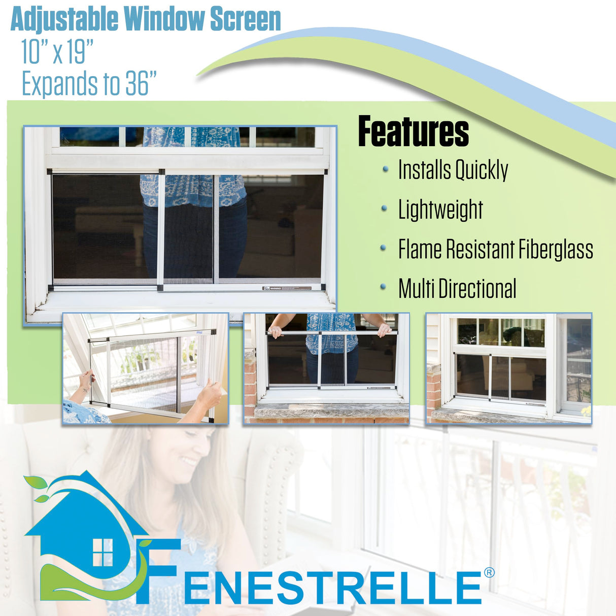 Fenestrelle Expandable Window Screen – 10″ H × 19″–36″ W Horizontal, 2‑Way Adjustable Window Screen with Flame Resistant Fiberglass Mesh, Pack of 2