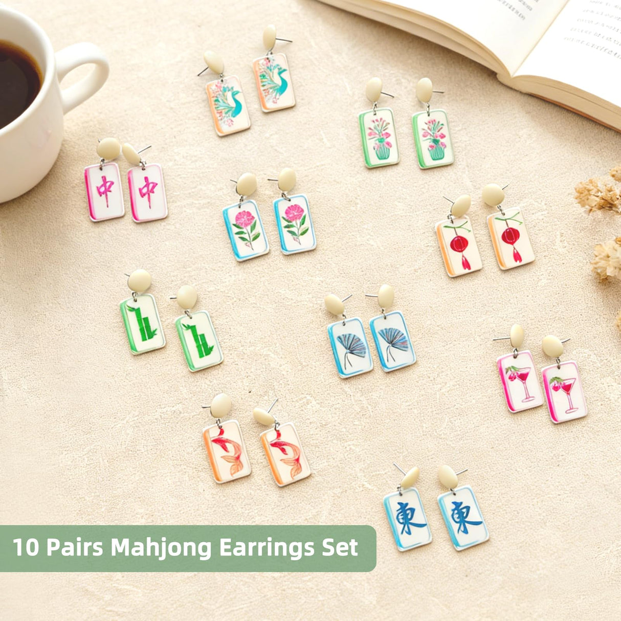 20 Pcs Mahjong Earrings 10 Set Women Funny Acrylic Mahjong Tile Dangle Earrings Creative Geometric Jewelry Lucky Mah Jongg Gifts for Women Friendship Accessories