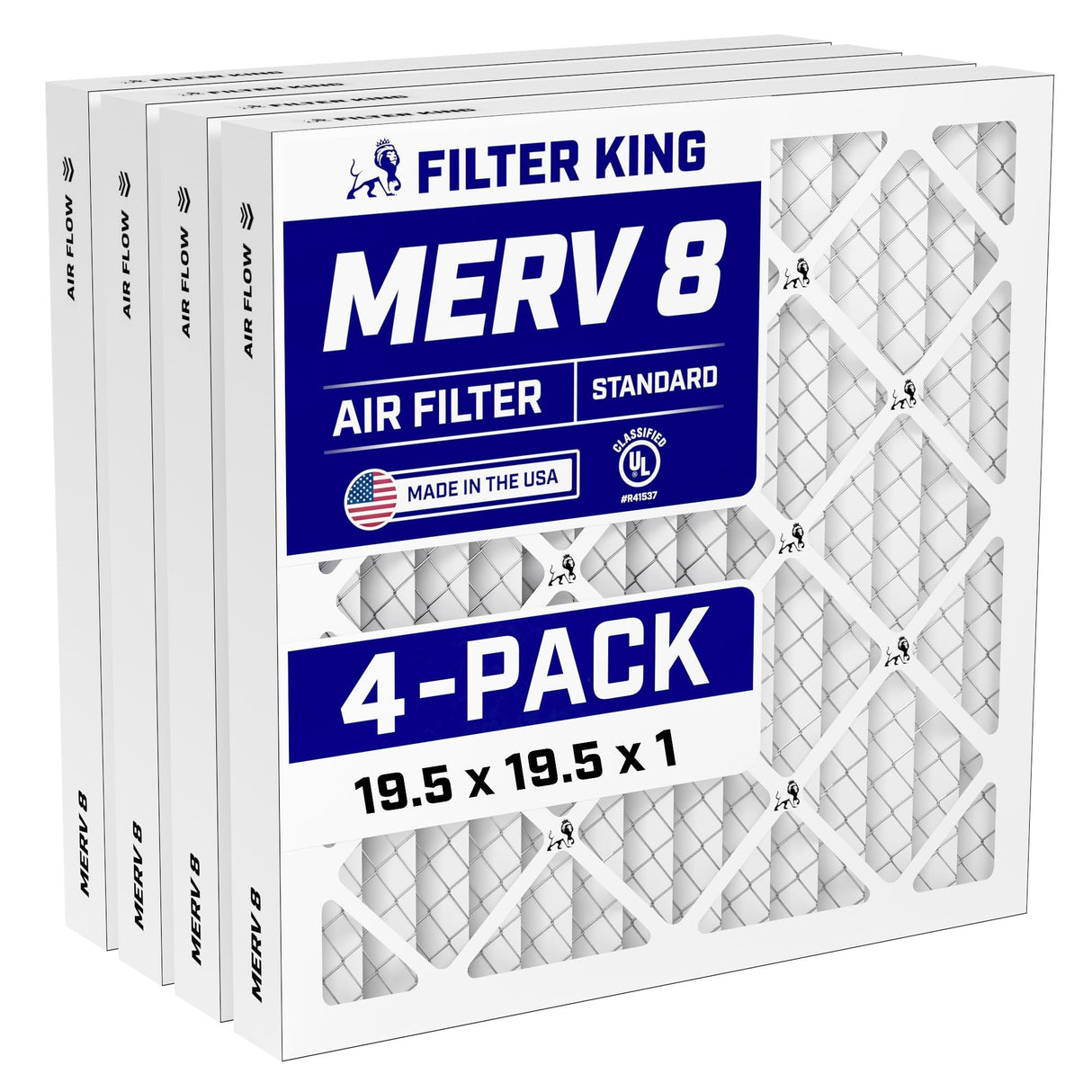 Filter King 19.5x19.5x1 Air Filter (MERV 8) (4-Pack) Dust & Allergy Control AC Furnace Filters, MADE IN USA, HVAC, Pleated, Electrostatic (Actual Size: 19.5 x 19.5 x .75)