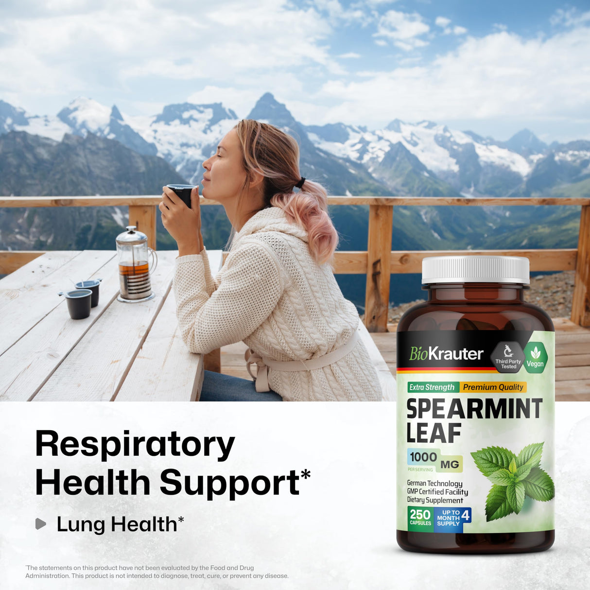 BIO KRAUTER Spearmint Capsules 1000 mg - 250 Count - Vegan Spearmint Supplement for Digestive & Respiratory Support - Mentha Spicata - No Fillers