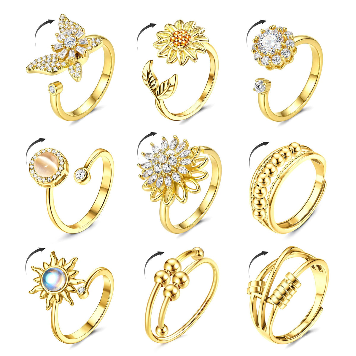 MILACOLATO 14K Gold Plated 9Pcs Fidget Ring for Women Anxiety Ring Set