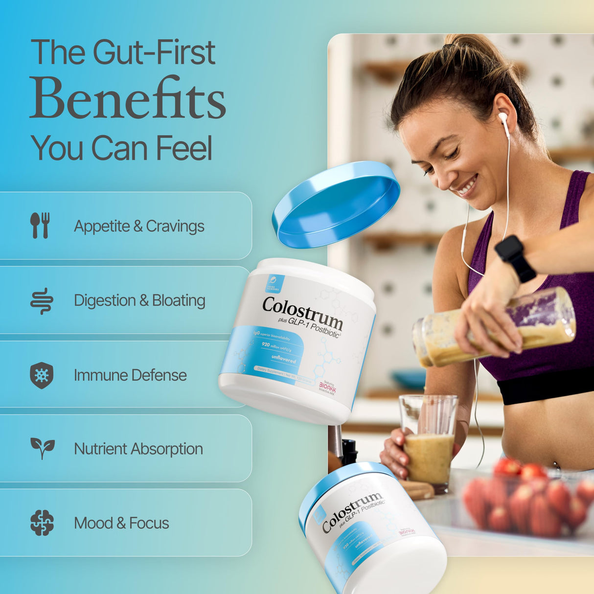 Prime Powders® Colostrum Grass-fed Powder with Akkermansia GLP-1 Probiotic, High IgG, Gut Lining & Immune Support, Growth Factors, Maximum Absorption, Unflavored Supplement (120 Servings)