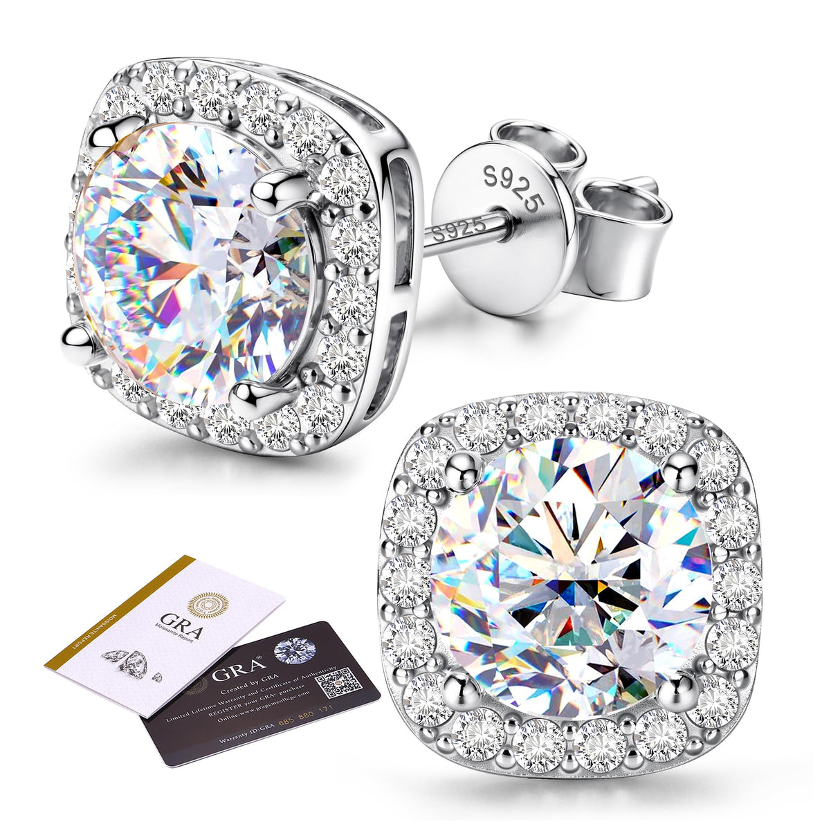 GEMQUEEN Moissanite Halo Earrings Studs 925 Sterling Silver, 2CTW