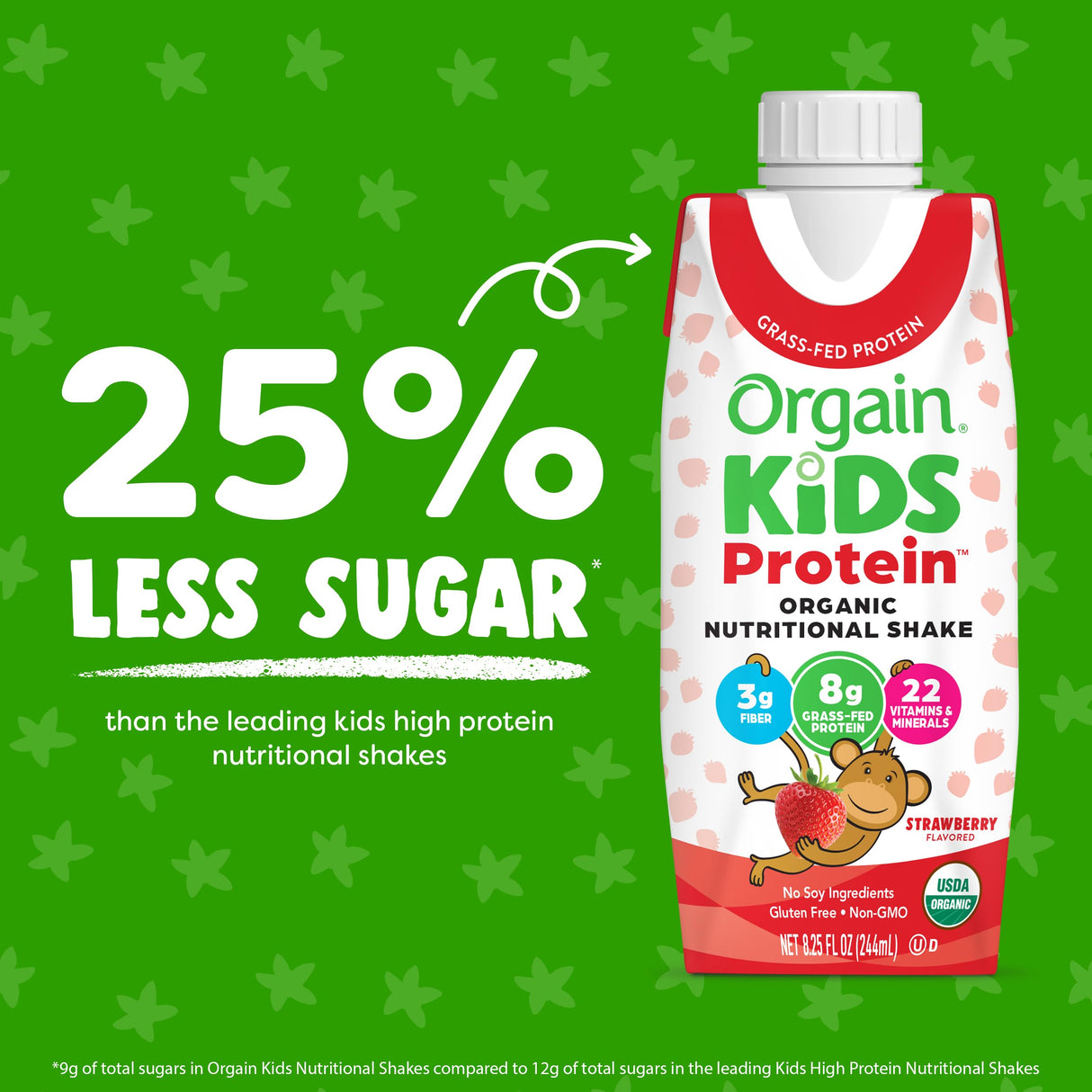 Orgain Organic Kids Protein Nutritional Shake, Strawberry - 8g of Protein, 22 Vitamins & Minerals, Fruits & Vegetables, Gluten Free, Soy Free, Kosher, Non-GMO, 8.25 Ounce (Pack of 12)