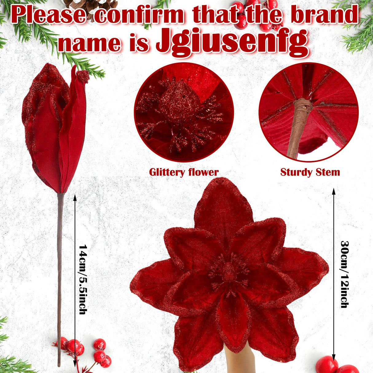 Thiccywoov 8 Pcs Large Christmas Flower Magnolia Flowers Christmas Tree Decoration Artificial Poinsettia Stems Velvet Xmas Ornaments for Xmas Tree Table Decor(Burgundy,12 Inch)