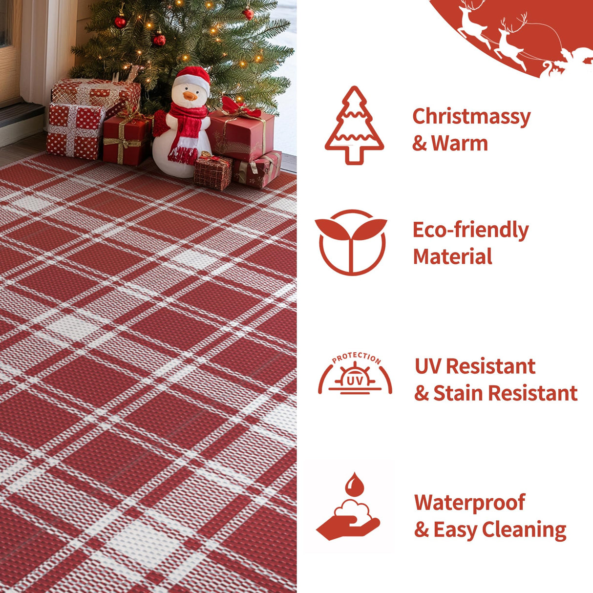GENIMO Christmas Outdoor Rug for Patio, 5'x8' Waterproof Reversible Plastic Straw Rugs, Lightweight RV Camping Mat for Camper, Balcony, Deck, Backyard, Picnic, Red & White