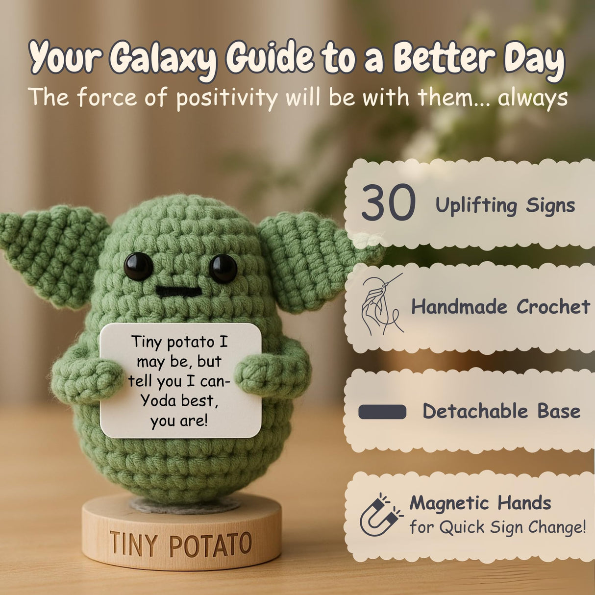 Handmade Baby Yoda Positive Crochet with 30 Fun Affirmations - Funny Friendship Gift for Christmas, Inspirational Birthday Gifts for Women Men | Birthday Gift Idea for Women Friends, BFF, Coworker