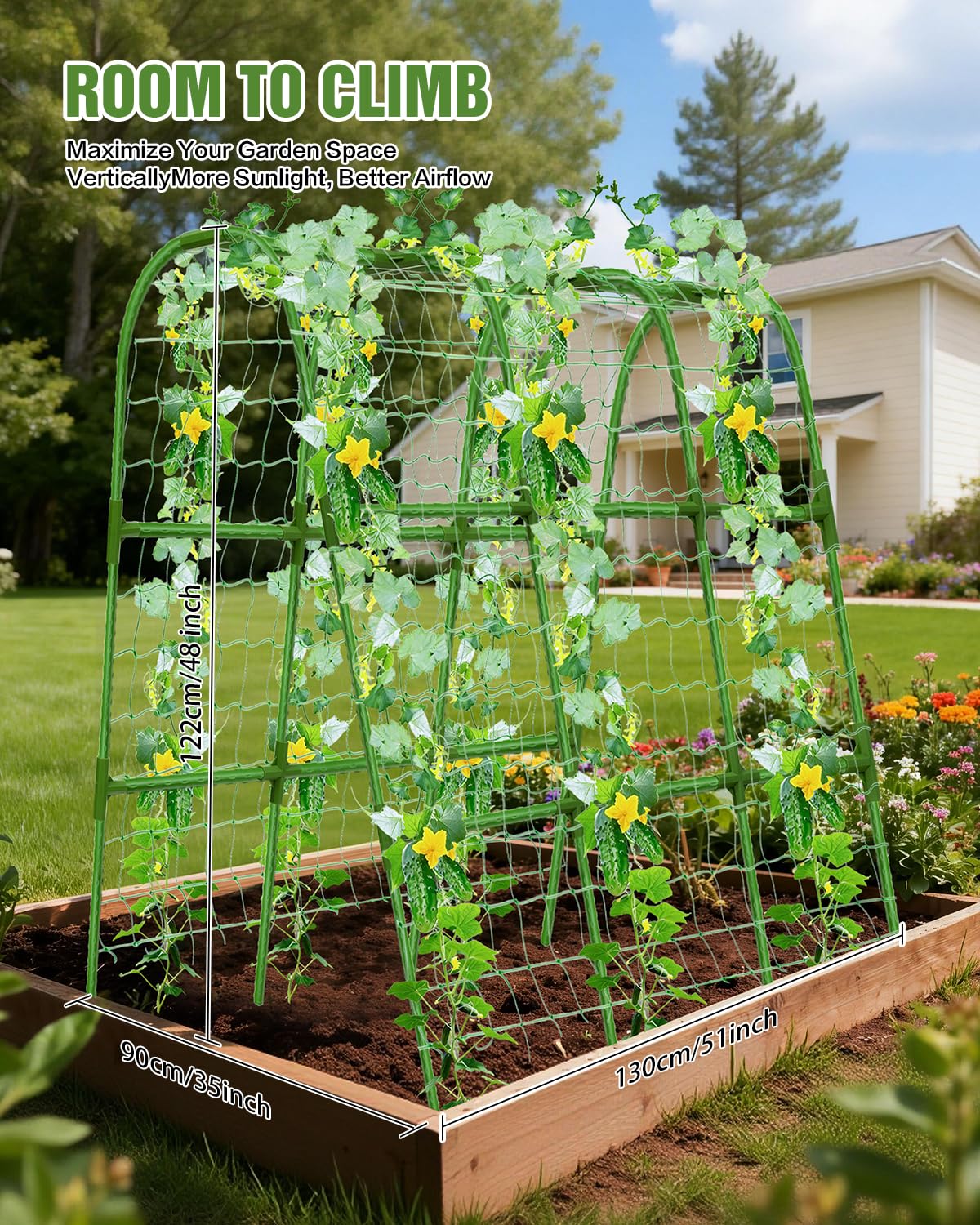 51x35x48in U-Shape Metal Arch Cucumber Trellis for Raised Bed with Net