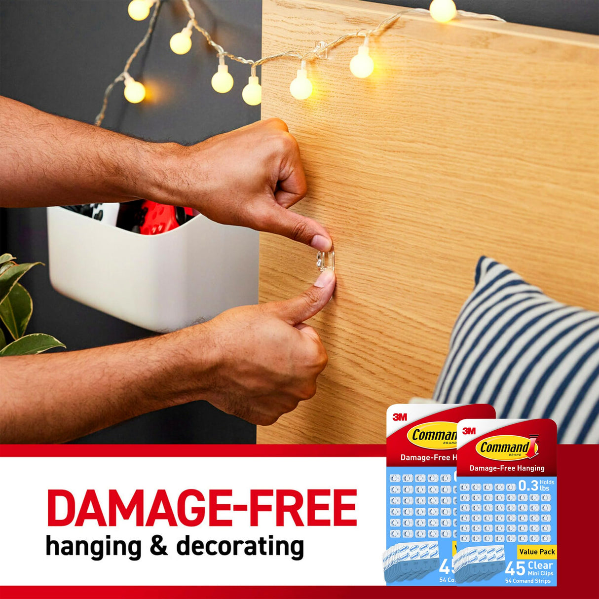 Command Indoor Mini Light Clips, Damage Free Hanging Christmas Light Clips, Mini Wall Clips for Hanging Indoor Christmas Decorations, Lights and Cables, 90 Clear Clips and 108 Strips