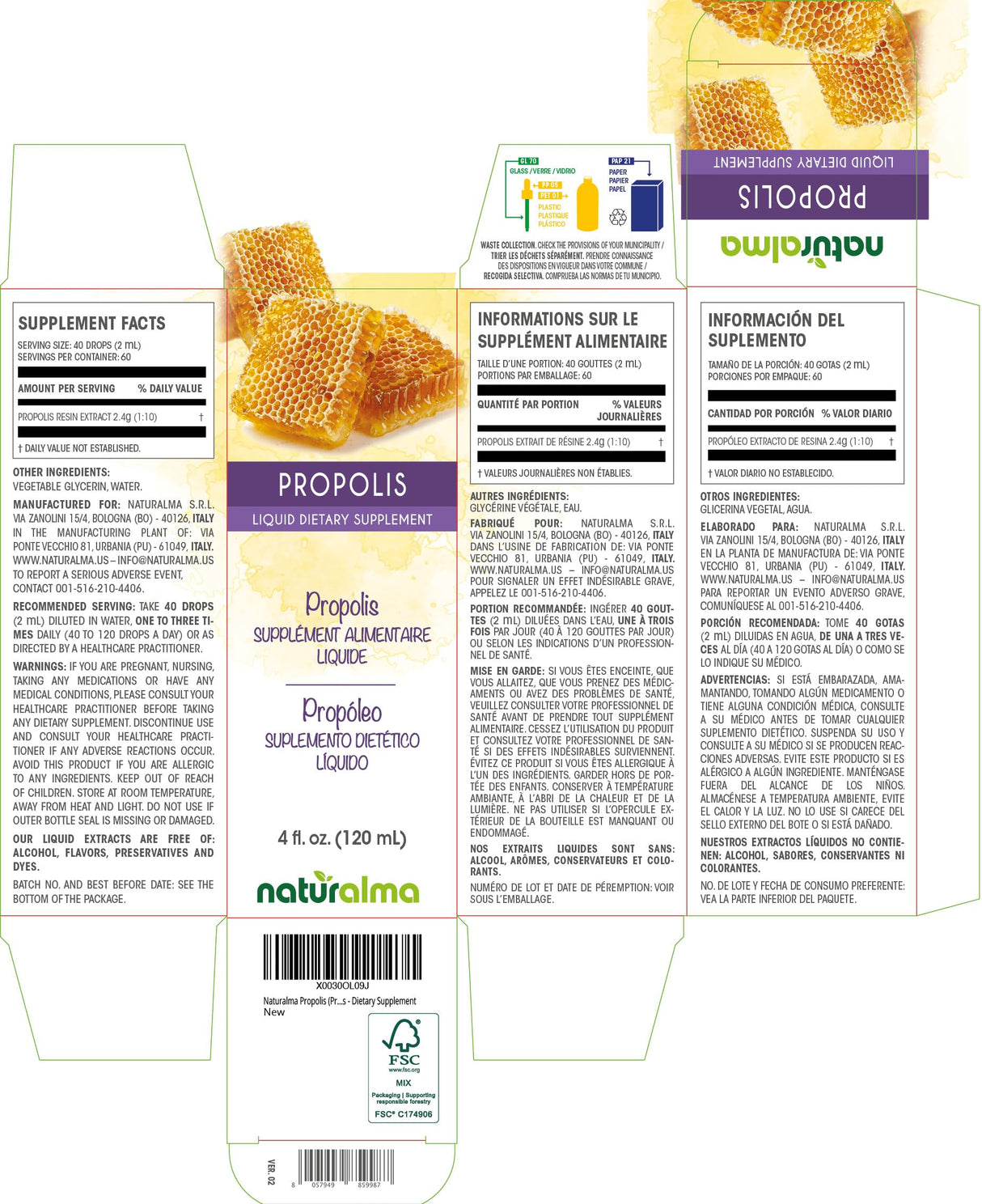Naturalma Propolis (Propolis) Resin Alcohol-Free Tincture - 4 fl oz Liquid Extract in Drops - Dietary Supplement