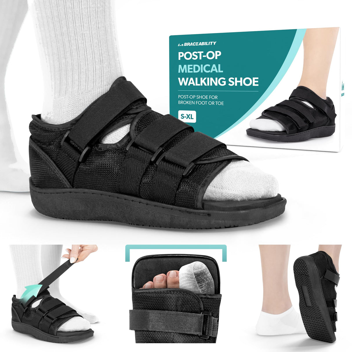 BraceAbility Post Op Shoe Foot Brace - Orthopedic Surgical Cast Shoe for Broken Toes, Injured Foot Protection, Stress Fracture Recovery Medical Boot for Men - FSA HSA Eligible (L - Male)