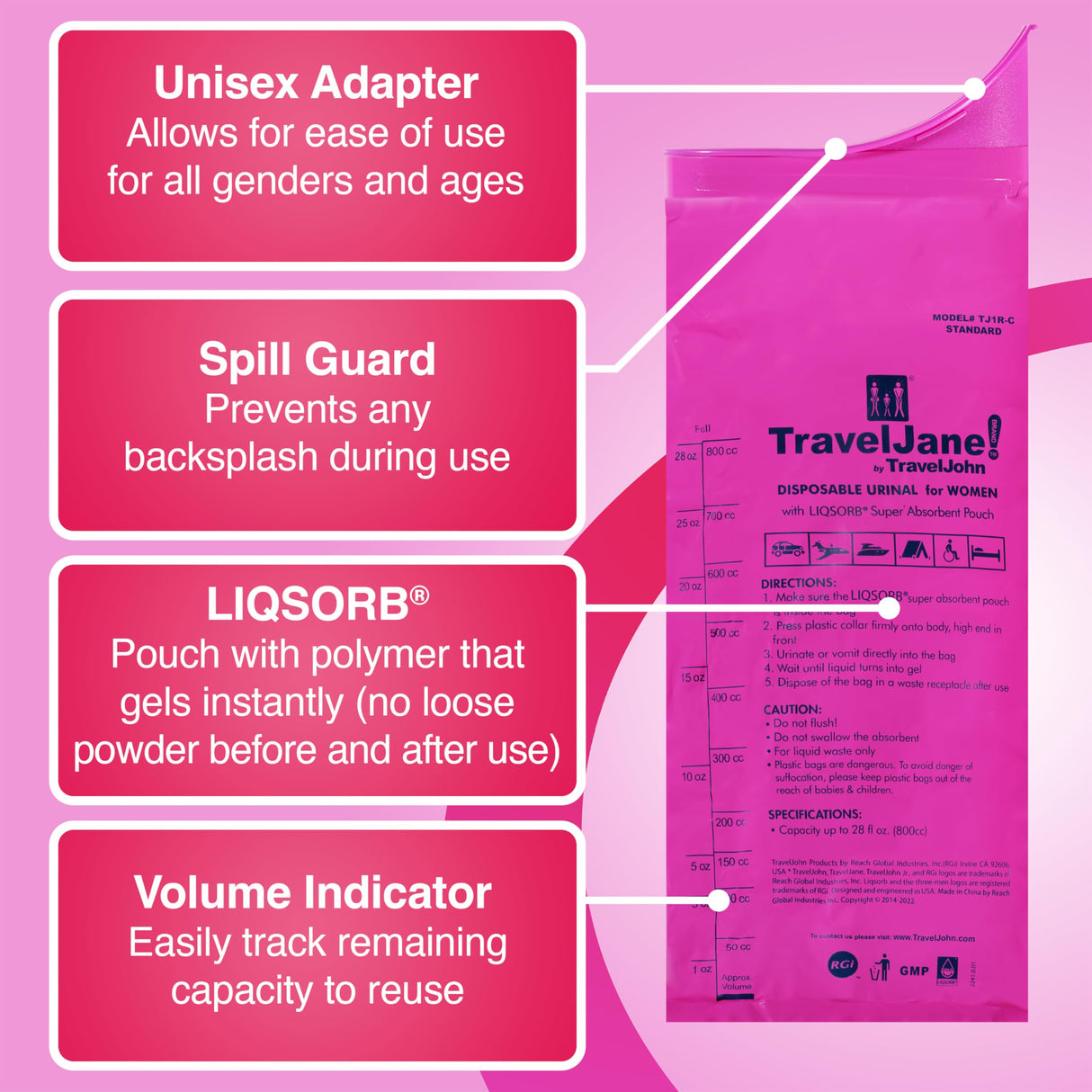 TravelJane Disposable Urinal for All Genders, Adults, and Children (6 Pack)