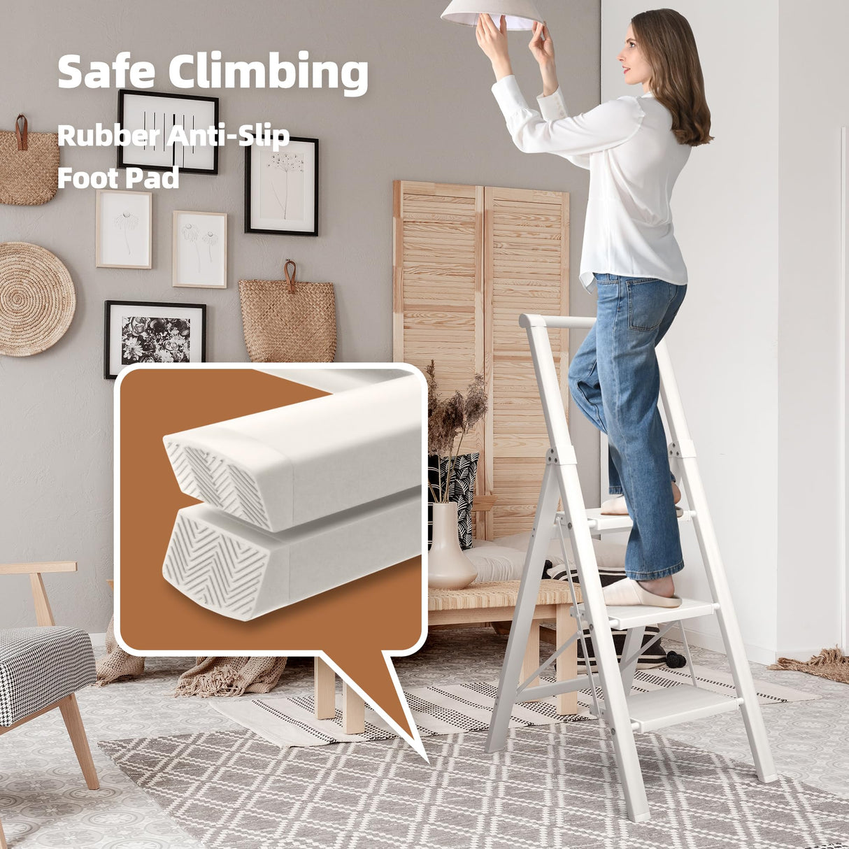 HillhutApex 3 Step Foldable Aluminum Step Ladder with Handgrip, Anti-Slip Pedal, 330 lbs Capacity, Lightweight & Portable for Home, Kitchen, Office, Garage (White)