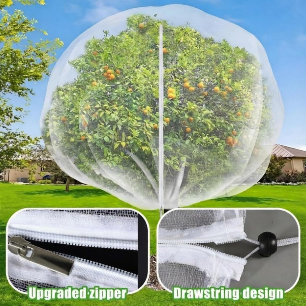 Vincreem 2 Pcs 10 x 14 ft Large Fruit Tree Netting for Protecting Fruit from Squirrels Birds Bug Deer & Rat Garden Mesh Netting with Zipper and Drawstring for Blueberry Peach Apple Garden Bushes