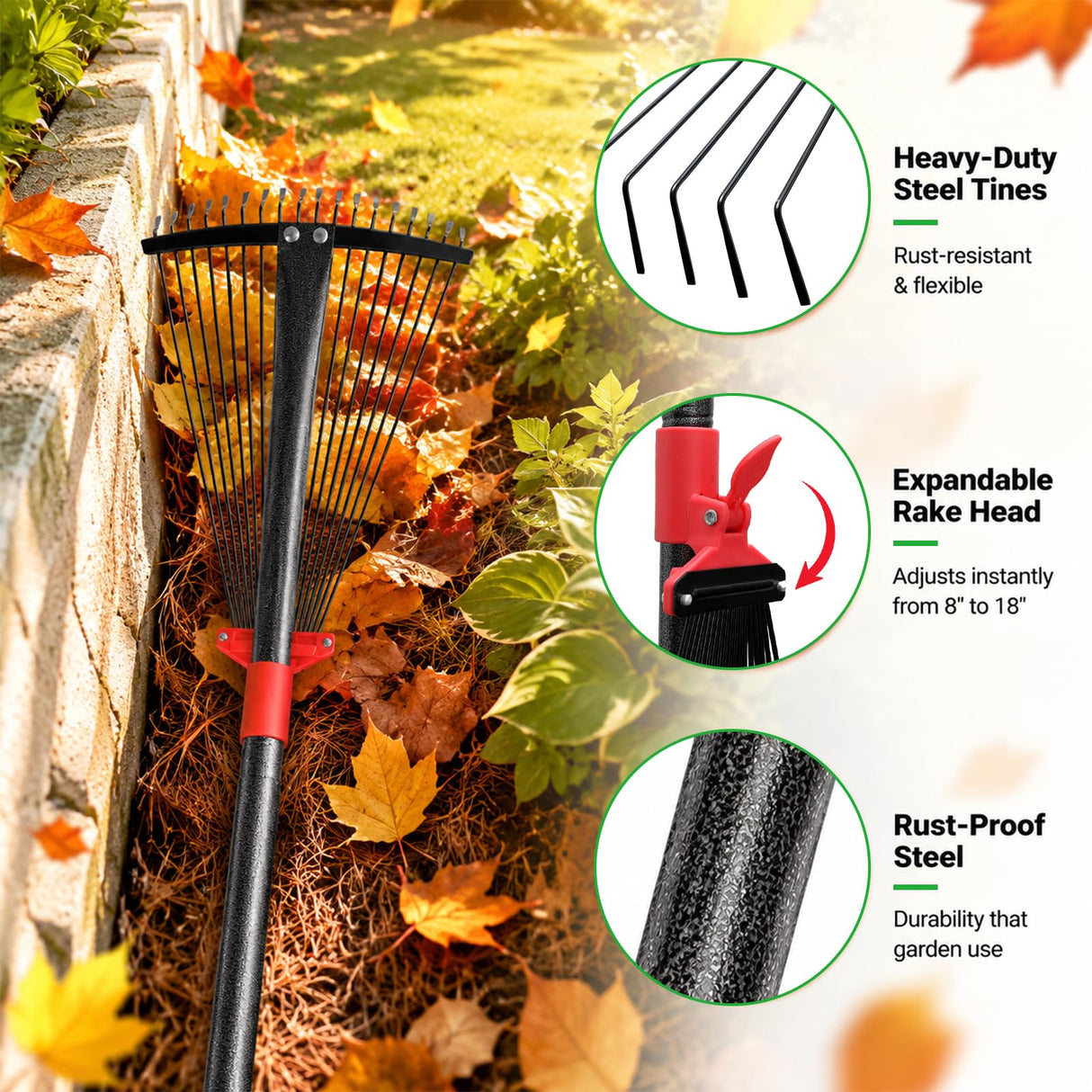 76Inch Adjustable Metal Leaf Rake, 18 Metal Tines Heavy Duty Leaves Rake for Lawns with 8-18" Expandable Head Long Handle Garden Rakes for Women Kids Leaves Yard Gardening Grass Outdoor Camping Debris