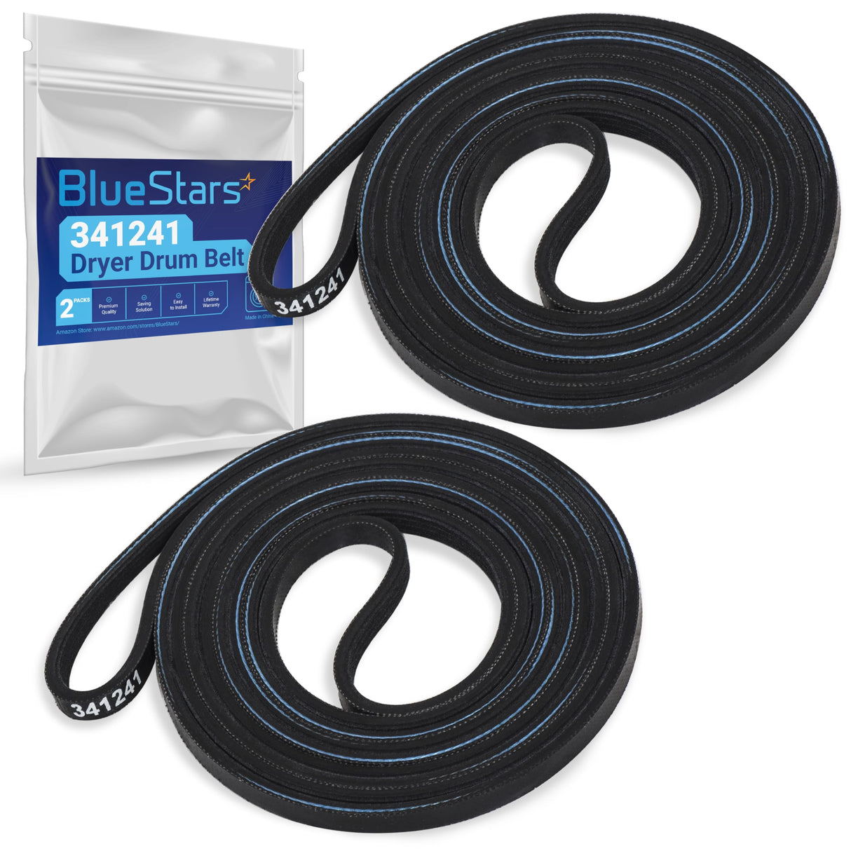 BlueStars 341241 Dryer Drum Belt - Compatible with Whirlpool Kenmore Dryers - Replaces 8066065 AP2946843 W10127457 PS346995 14210003 31531589 31001026 3394651 529597 - Pack of 2