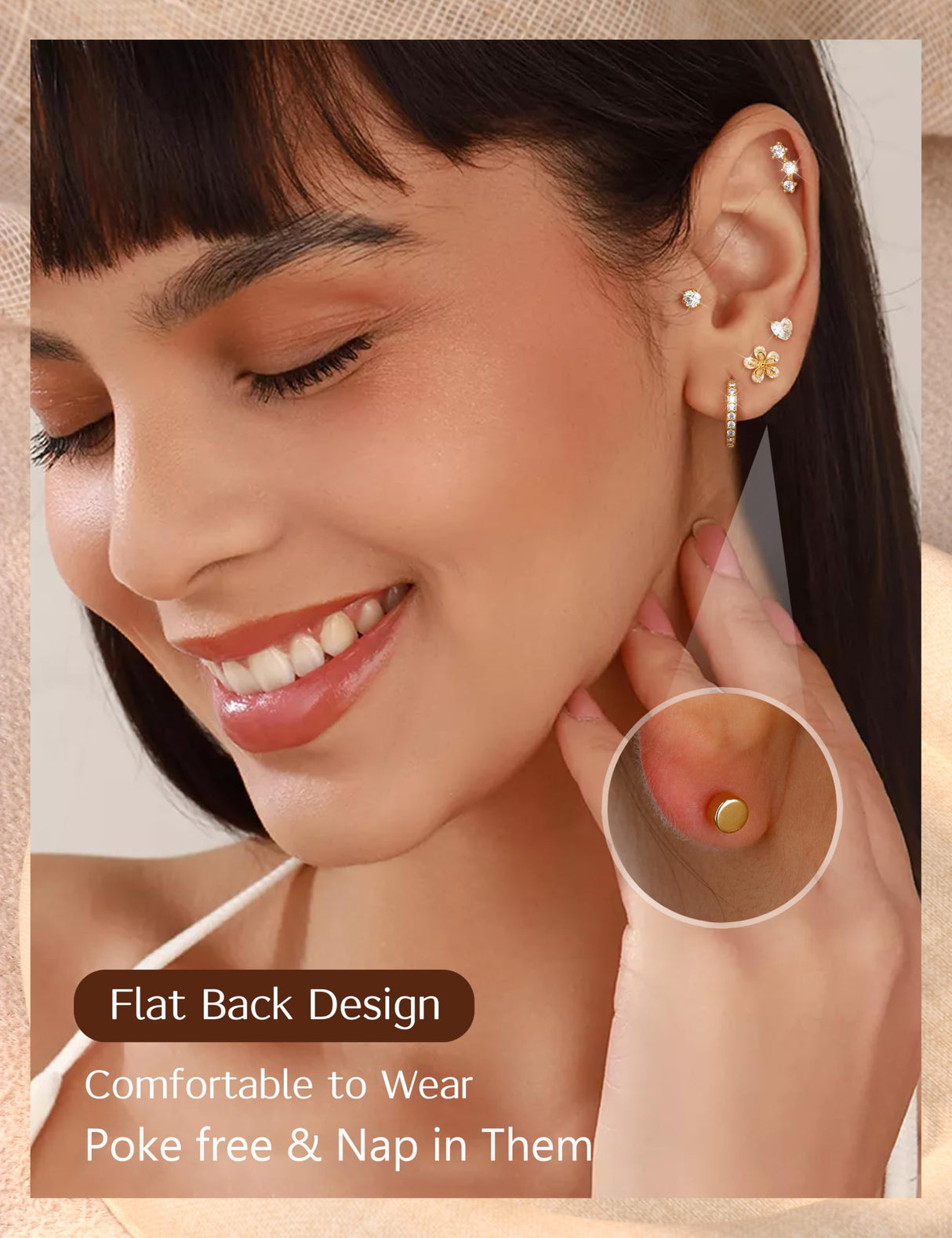 LOLIAS 10Pairs Flat Back Earrings for Women Girls Hypoallergenic Gold Stud