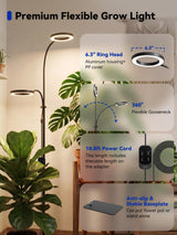GLOWRIUM Grow Lights for Indoor Plants, 36W Full Spectrum 2-Head LED Plant Light with Stand, Adjustable Height, 3/9/12H Timer, 6 Dimmable Levels & 3 Lighting Modes(Black-Double Head)