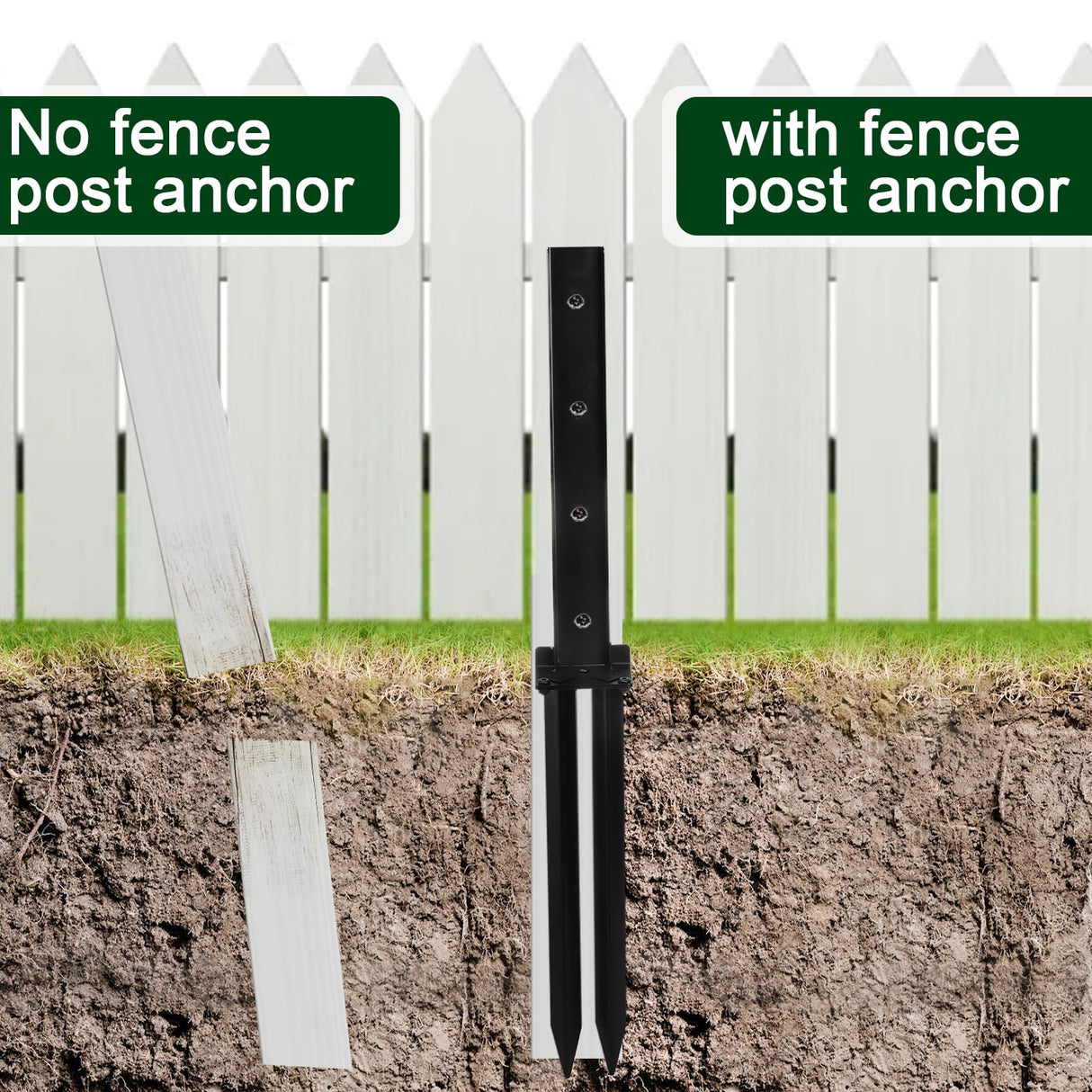 TOPZEA 2 Pack Fence Post Repair Kit, Heavy Duty Steel Stabilizer Stakes, Ground Anchors Spike to Fix Leaning/Tilted/Broken Wood Posts, Metal Support for Garden & Yard Fencing, Black